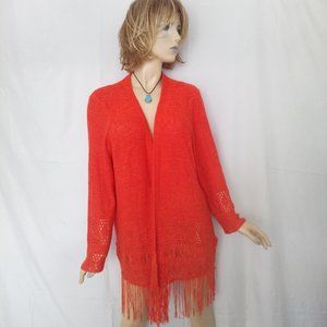 Stunning Nwt MICHAEL KORS Hot Orange Long Crocheted Fringe Cardigan Size Large
